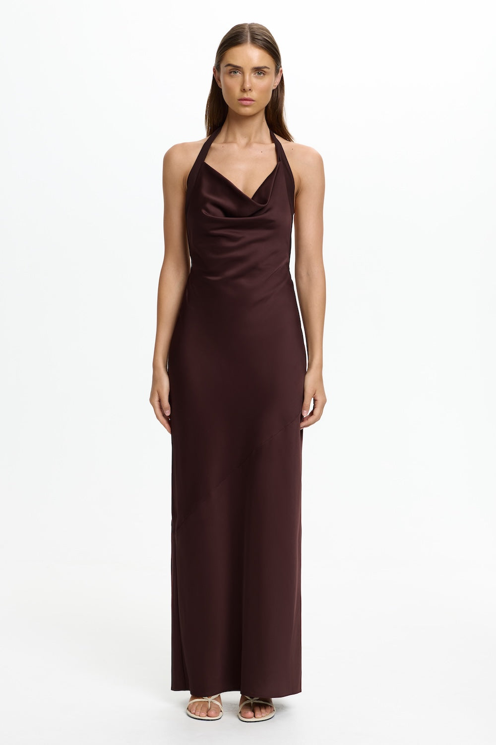 Devlyn Halter Maxi Dress for Women, Chocolate, AU6 US2, Satin, Refined and Architectural