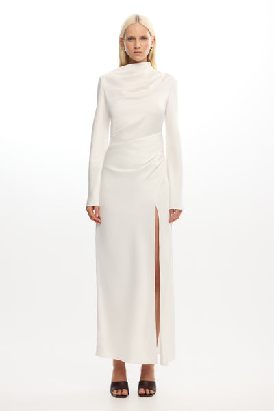 long sleeve high waist dress Jordana Long Sleeve Waist Tie Ribbed Midi Dress Beige