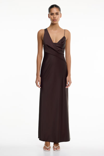 brown gameday dress SO ONLINE AU Adriana Maxi Dress, Deep V neck, Chocolate, AU8 US4