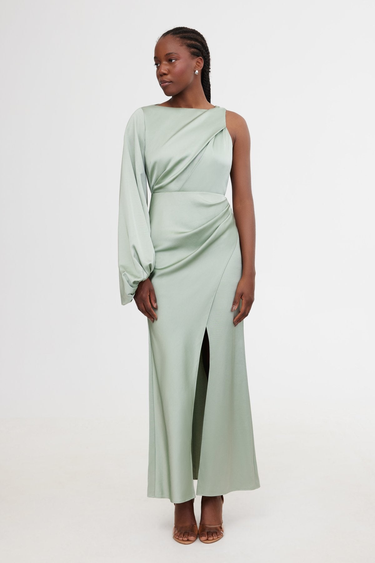 sage long sleeve dress Annabel Maxi Dress Emerald Dress fall color long flared skirt with Color:Green & White