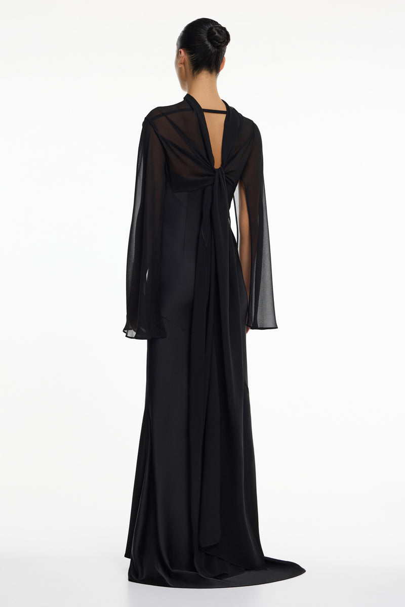 chinese dress ladies Patricia Black Extreme Plunge Long Sleeve Maxi Dress With Tie Detail – Club  L London main image 0