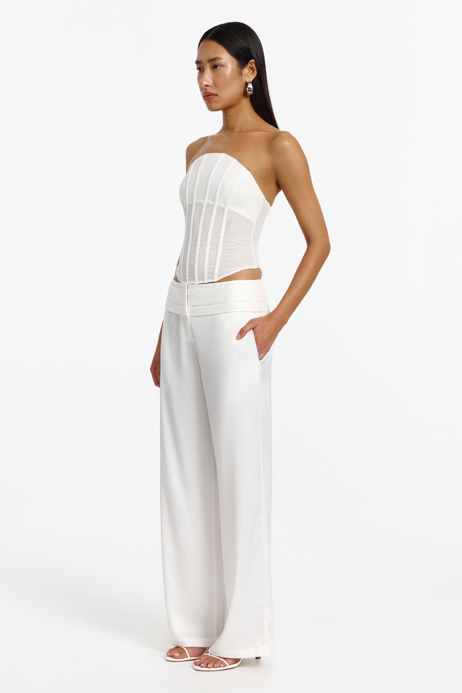 SO ONLINE AU Kamryn Pant in Ivory, High-waisted Wide-leg Pant, Textured Satin, AU10 US6