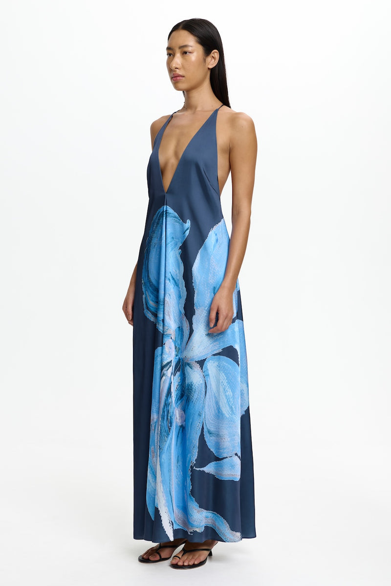 Casea Halter Maxi Dress in Petrol Blue Bloom