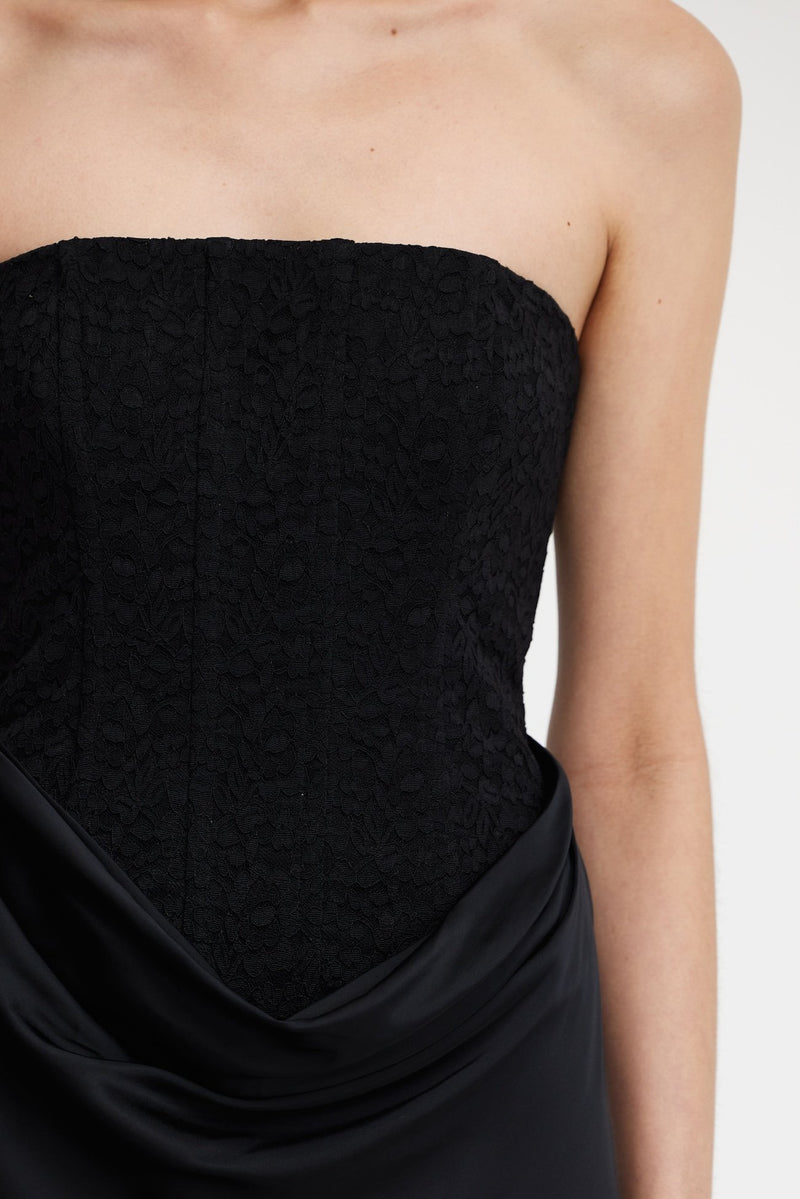 SOFIYA Strapless Maxi Dress for Women, Black, AU12 US8, Stretch Lace Bodice, Bias Cut Satin Skirt, Fully Lined, Exposed Metal Zipper at Back, Boned SOFIYA Strapless Maxi Dress for Women, Black, AU12 US8, Stretch Lace Bodice, Bias Cut Satin Skirt, Fully Lined, Exposed Metal Zipper at Back, Boned