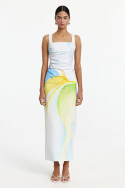 sea glass midi dress Phoebe Ruched Midi Dress in Seaglass Print Ivory