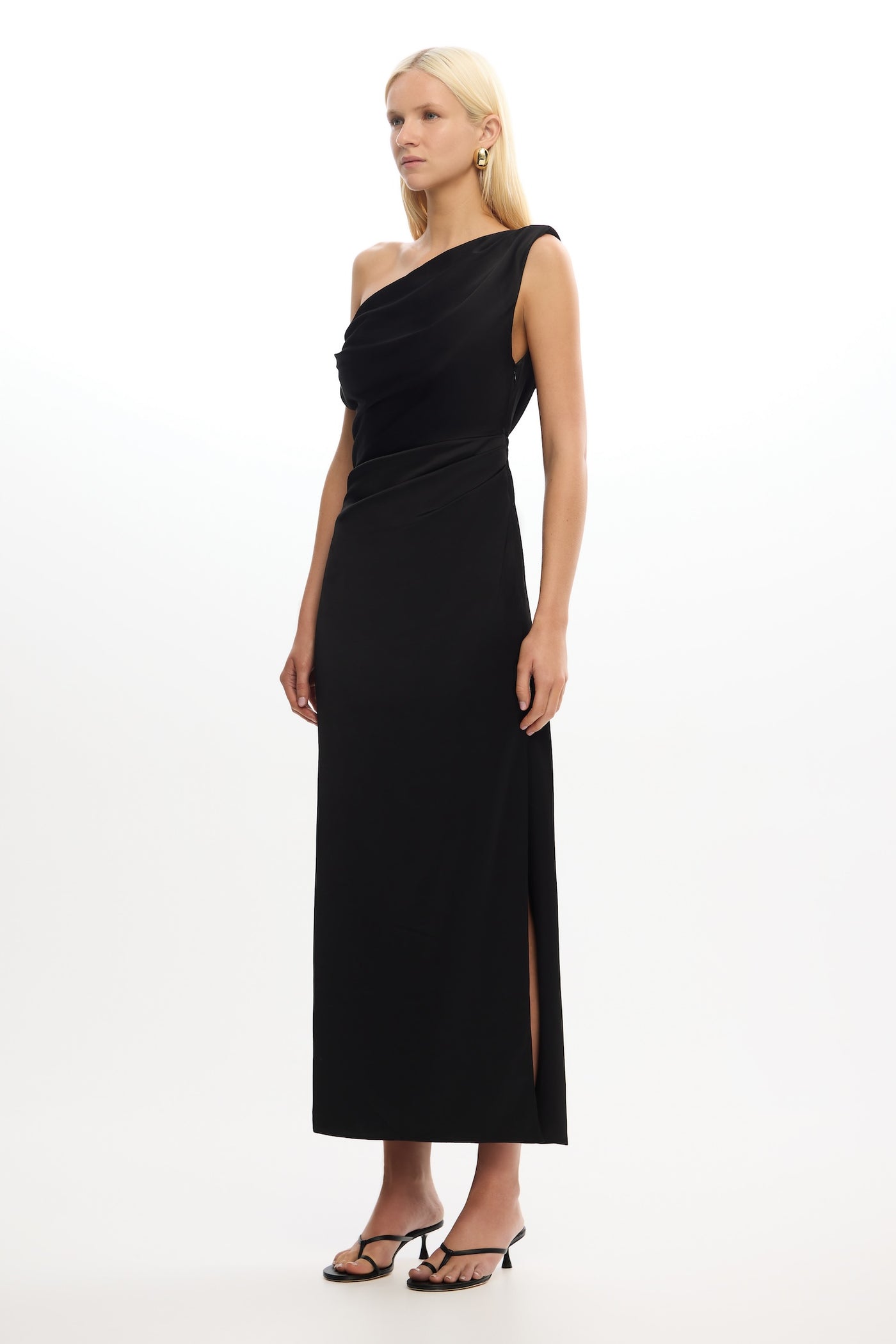 So Online AU Alyssa Maxi Dress, Black, AU12 US8, Asymmetric Off-Shoulder Neckline, Satin Fabric
