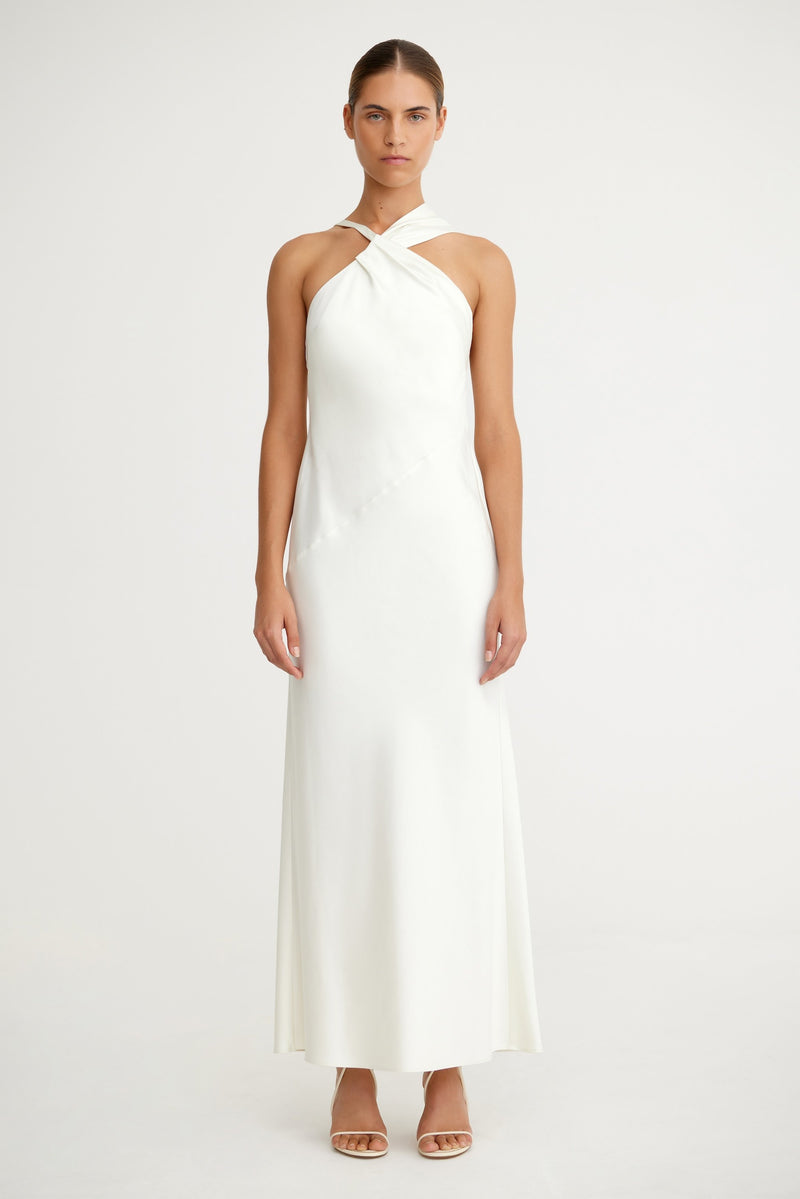 SO ONLINE AU Lucile Draped Maxi Dress, Bone, AU16 US12, Satin, Polyester Viscose Rayon Lining SO ONLINE AU Lucile Draped Maxi Dress, Bone, AU16 US12, Satin, Polyester Viscose Rayon Lining