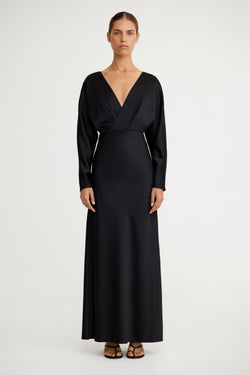 So Online AU Lucile Long Sleeve Maxi Dress, Black, AU14 US10, Satin, Deep V Front and Back, Rouleau Ties at Back Shoulders So Online AU Lucile Long Sleeve Maxi Dress, Black, AU14 US10, Satin, Deep V Front and Back, Rouleau Ties at Back Shoulders