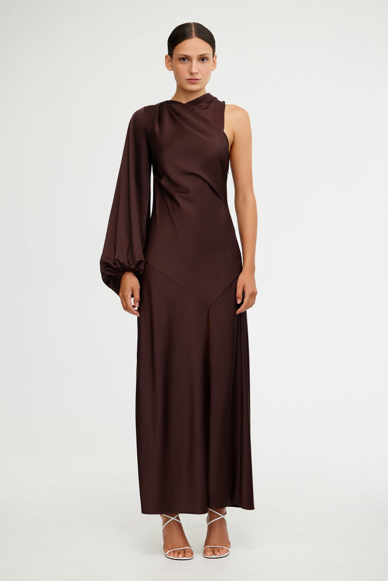 one shoulder chocolate brown dress One Shoulder Trim Detail Split Leg Maxi Dress In Chocolate Brown | EGO US